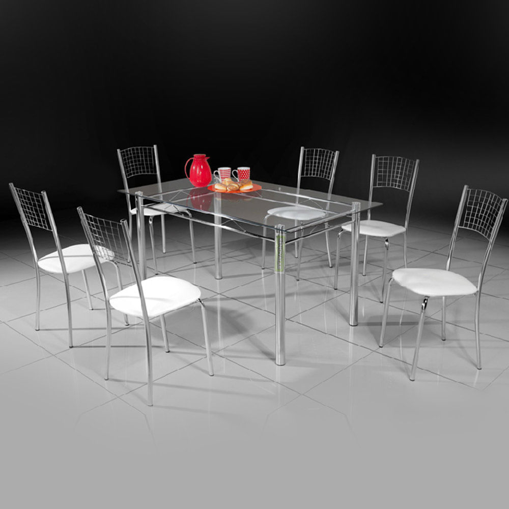 Mesa 6 Lugares Coral 140cm 6 Cadeiras Cromadas Branca C D B07 Mesa 6 Lugares Coral 140cm 6 Cadeiras Cromadas Branca C D B07